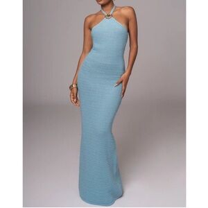 JLUXLABEL Light Blue Halter Maxi Crochet Gown